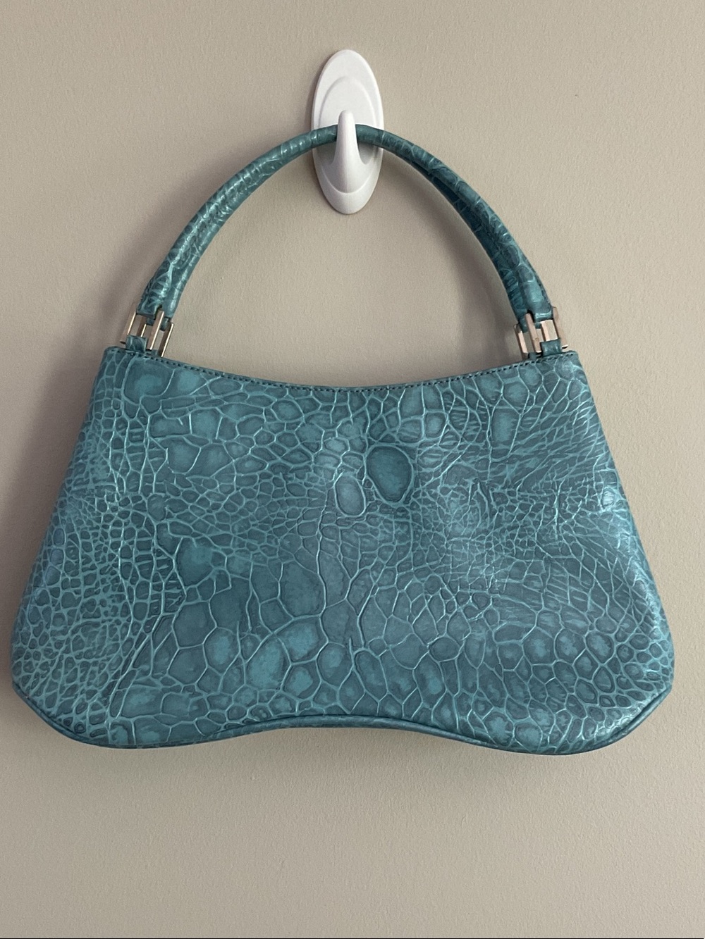 Pollini Aqua Blue Croc Embossed Leather Shoulder Bag Vintage Y2K